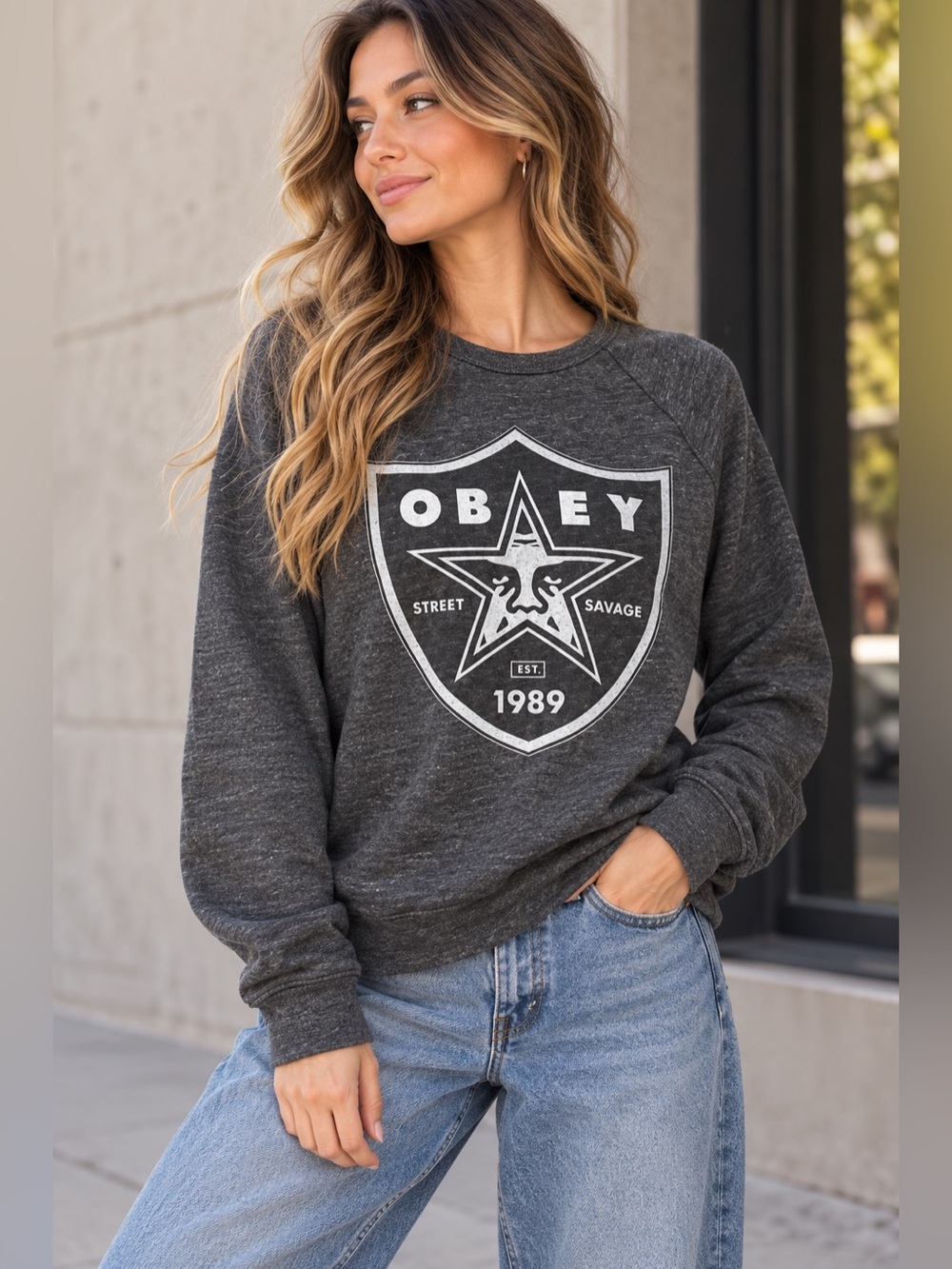 Obey Dark Charcoal Gray Shield Logo Crewneck Sweatshirt